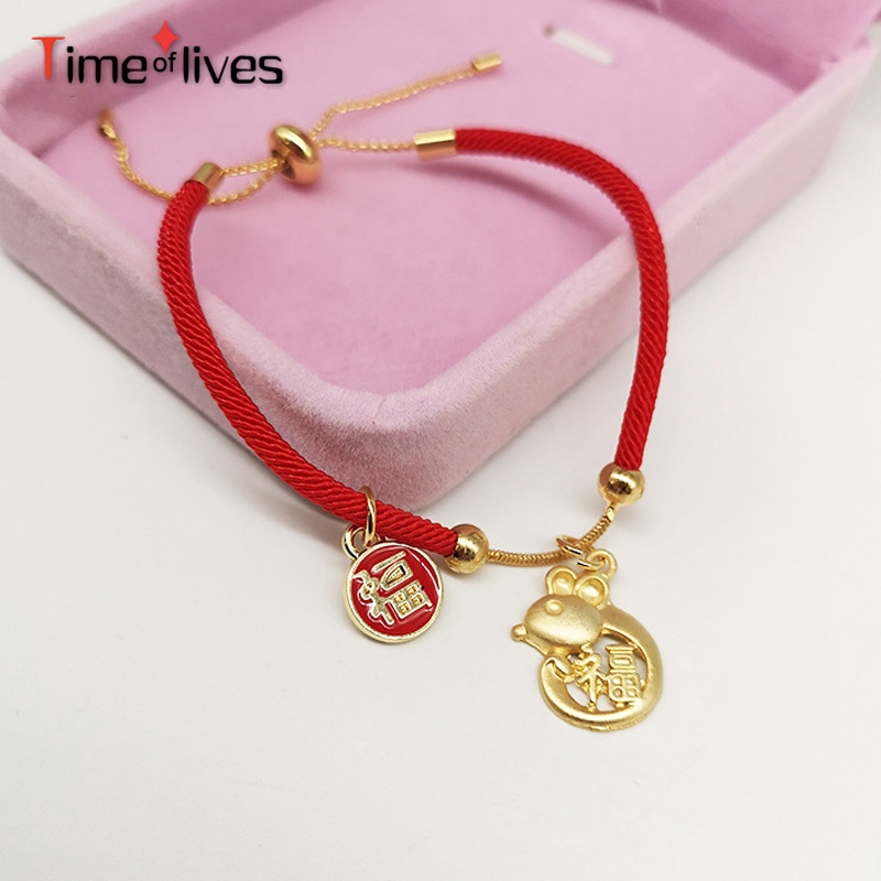 Vòng tay dây thừng đỏ dệt bằng tay đơn giản mặt hình chú chuột cầu may mắn phong cách Trung Hoa làm quà năm mới cho nữ