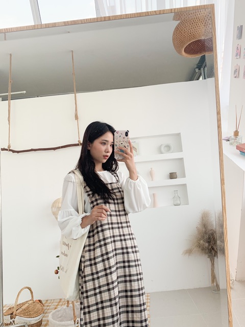 Set Váy Yếm Kẻ Caro + Áo Tay Bồng Ulzzang