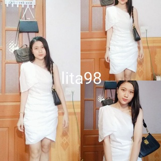 Váy trắng dự tiệc lệch vai nơ voan tơ tiểu thư