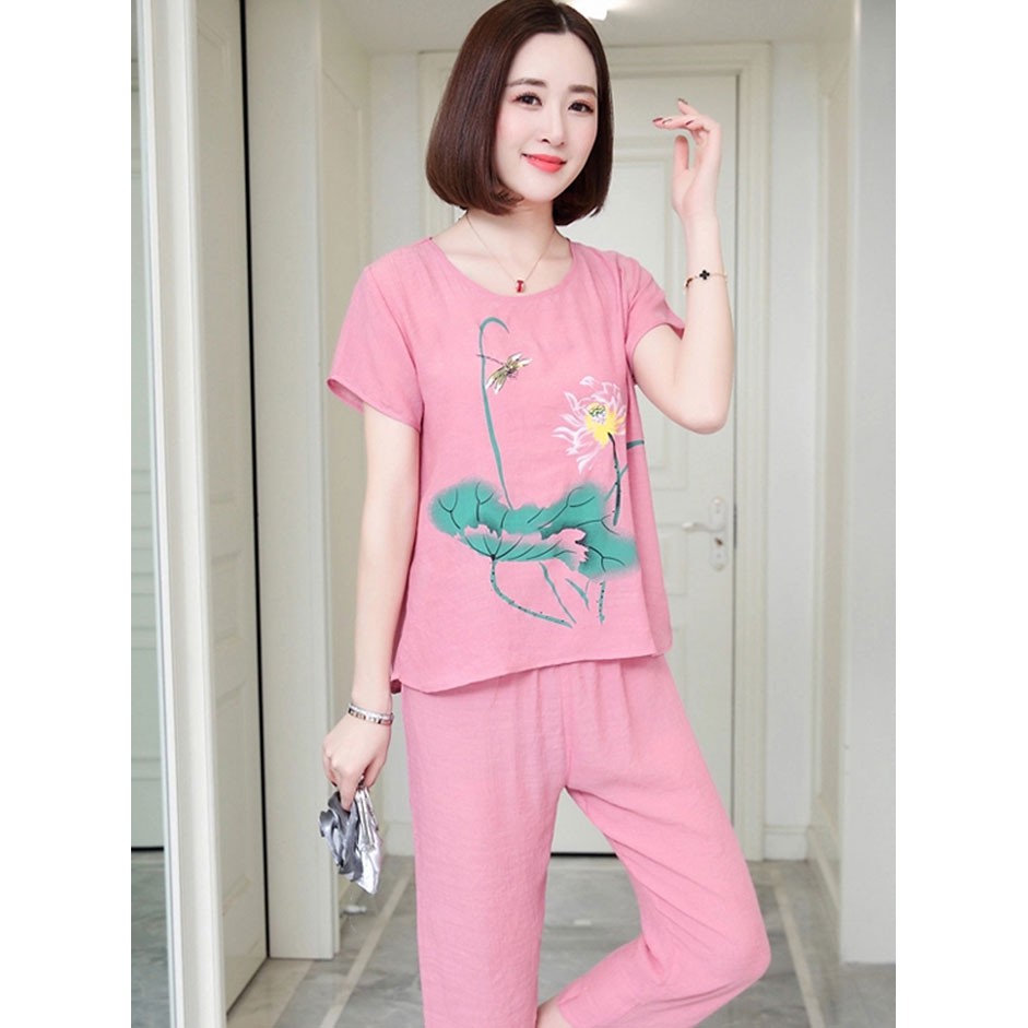 Thời Trang Trung Niên Nữ bộ đồ ngủ mùa hè rộng vãi lanh cotton thoáng mát