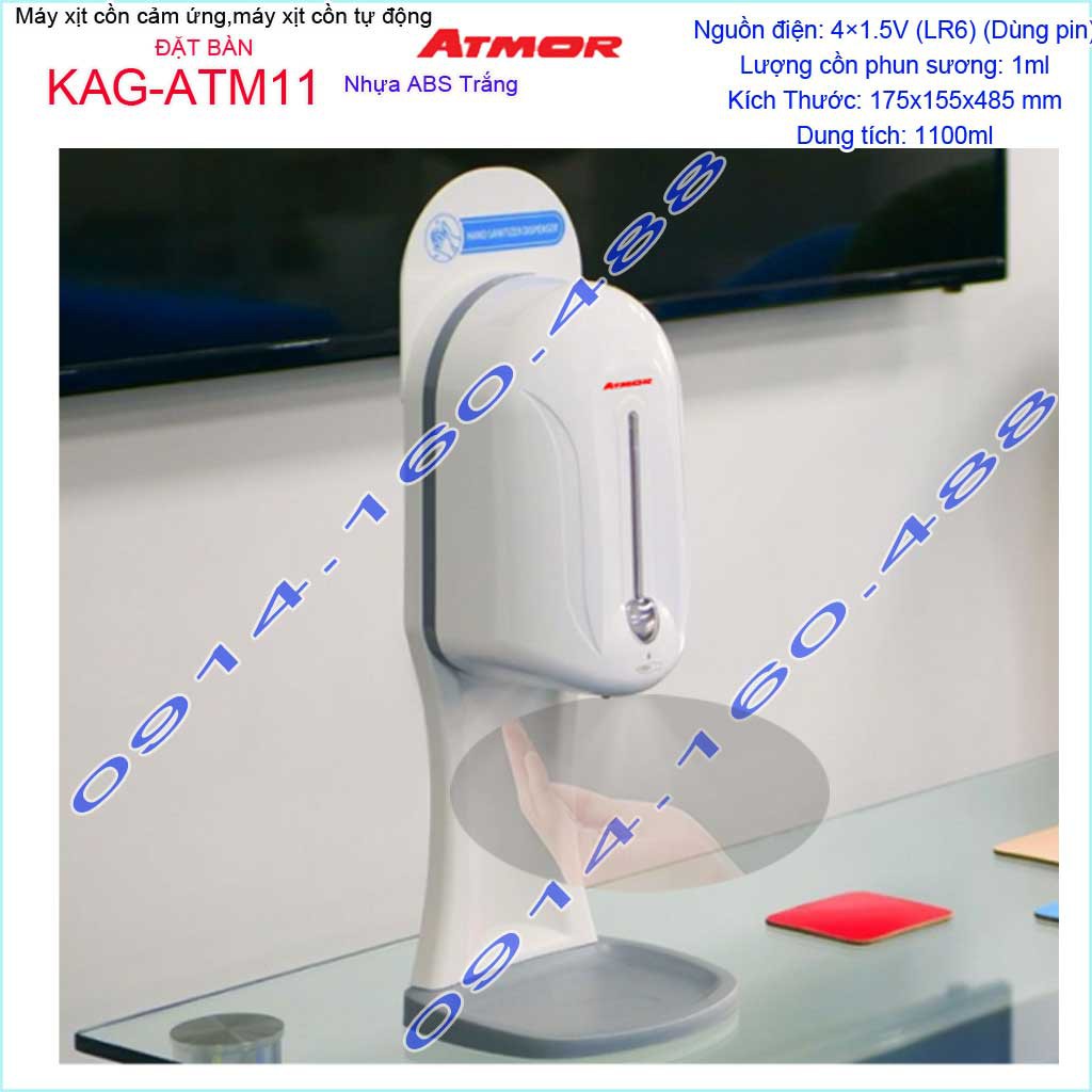 Máy xịt cồn cảm ứng Atmor KAG-ATM11 đặt bàn, Máy phun cồn tự động 1.1 lít dùng pin cho trường học