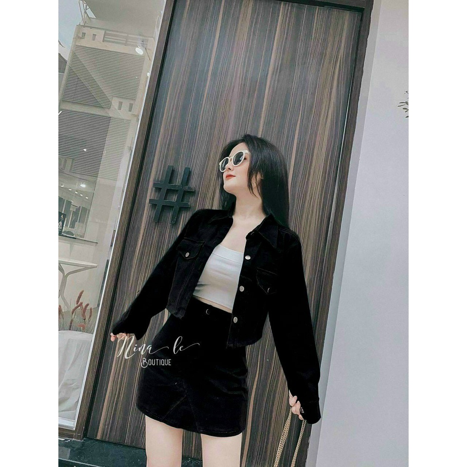 [8.8 Sales Freeship] Set váy nữ 2 món, áo tay dài croptop + chân váy chữ A, set sơ mi vải for đắp túi dạo phố trẻ trung