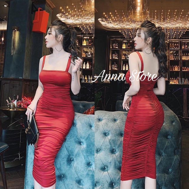 Váy hai dây kéo khóa chun rúm mông váy body sang chảnh Annastore