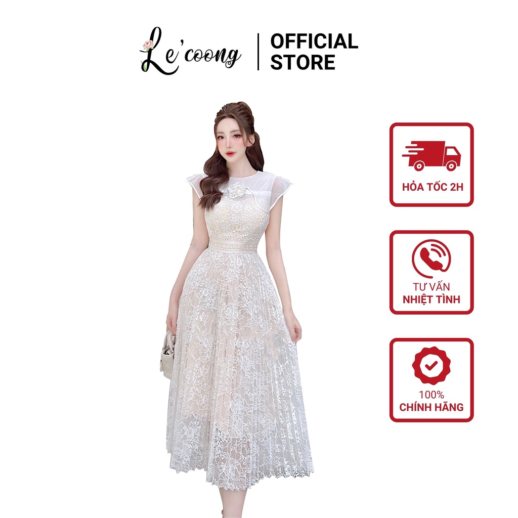 Đầm Ren Trắng Dự Tiệc Dáng Dài LECOONG V217 Vai Cánh Tiên Đính Hoa Đá Nổi Bật
