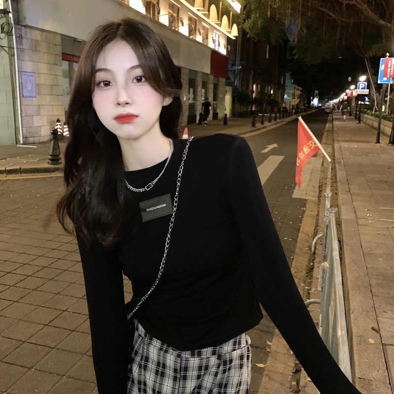 ZHELIHANGFEI Áo Thun Tay Dài Cổ Tròn Dáng Ôm Phối Dây Rút Cá Tính Trẻ Trung