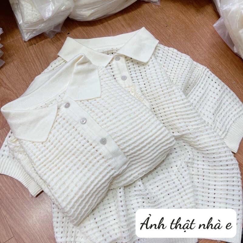Áo Polo Len Nhẹ Nữ Cổ Bẻ  Màu Trắng Tay Bồng Kiểu Dáng Hàn QUốc Cá Tính Phong Cách