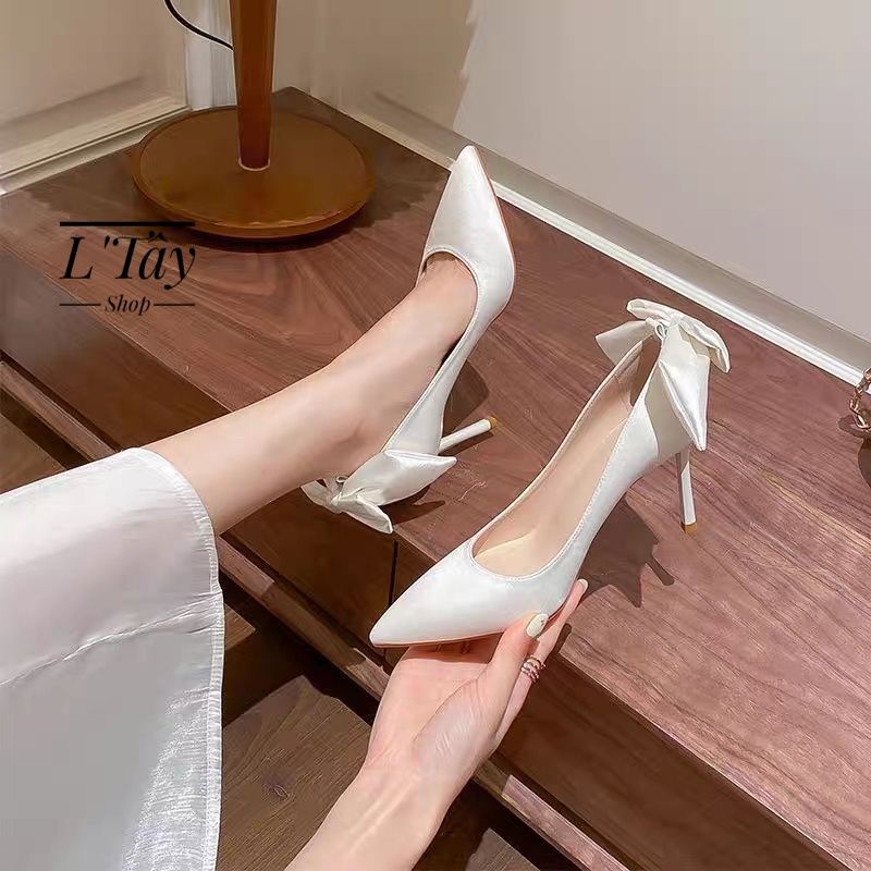 Giày Cô Dâu - Giày Cưới Cô Dâu- Giày Dự Tiệc L'Tây - Bít Mũi Nơ Gót Lụa Satin
