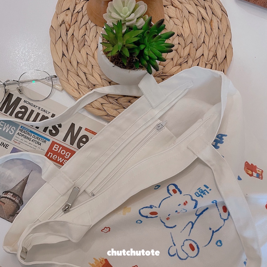 T330/Túi tote túi vải canvas phong cách Hàn quốc, có khóa miệng ngăn phụ bên trong thời trang ulzzang hình thỏ đáng yêu