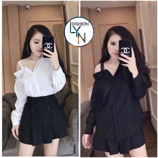 Set Thiết Kế Áo Sơ Mi Lệch Vai và Chân Váy Xòe