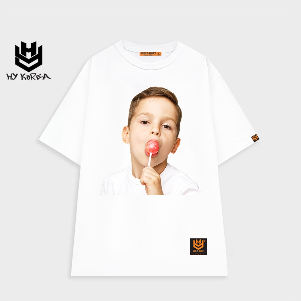 Áo thun tay lỡ form rộng HY KOREA unisex in hình Em bé Ăn Kẹo 383 Vải cotton 75%