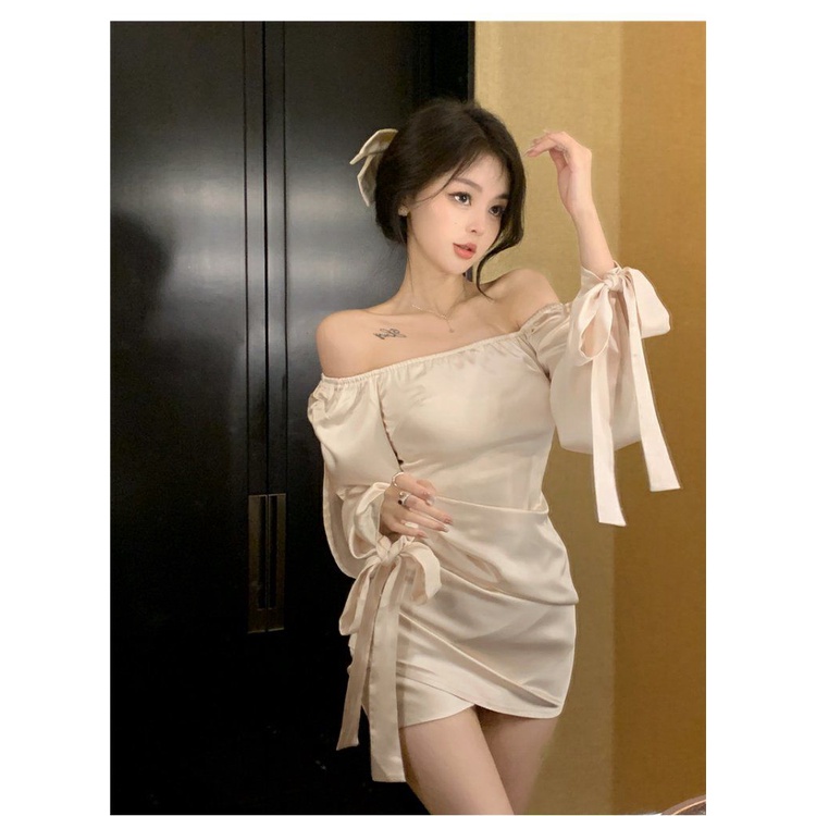 Pure off shoulder dress women's summer lace up bow tie slim wrap hip skirt French Chic bottomed skirt