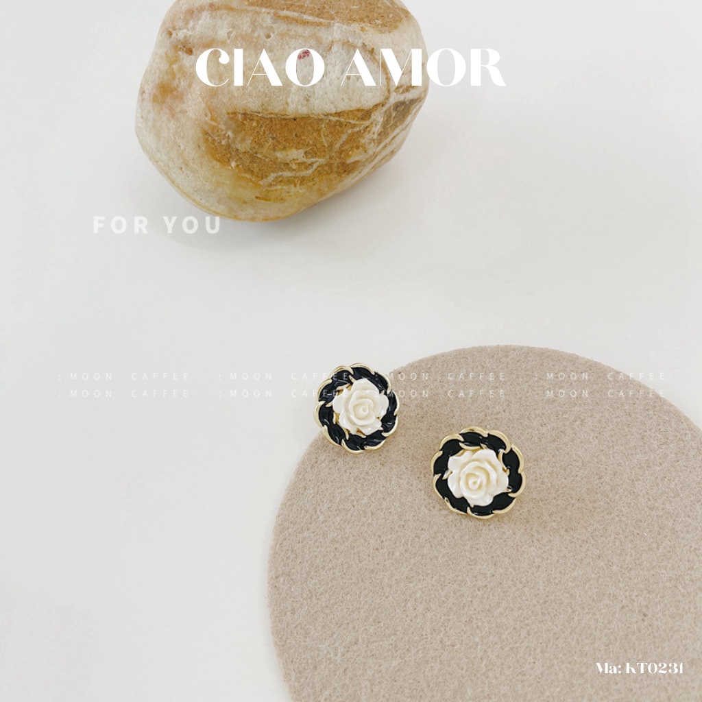 KT0231-Khuyên tai nữ, Hoa tai bạc 925 hoa hồng trắng viền đen Trang sức Ciao Amor