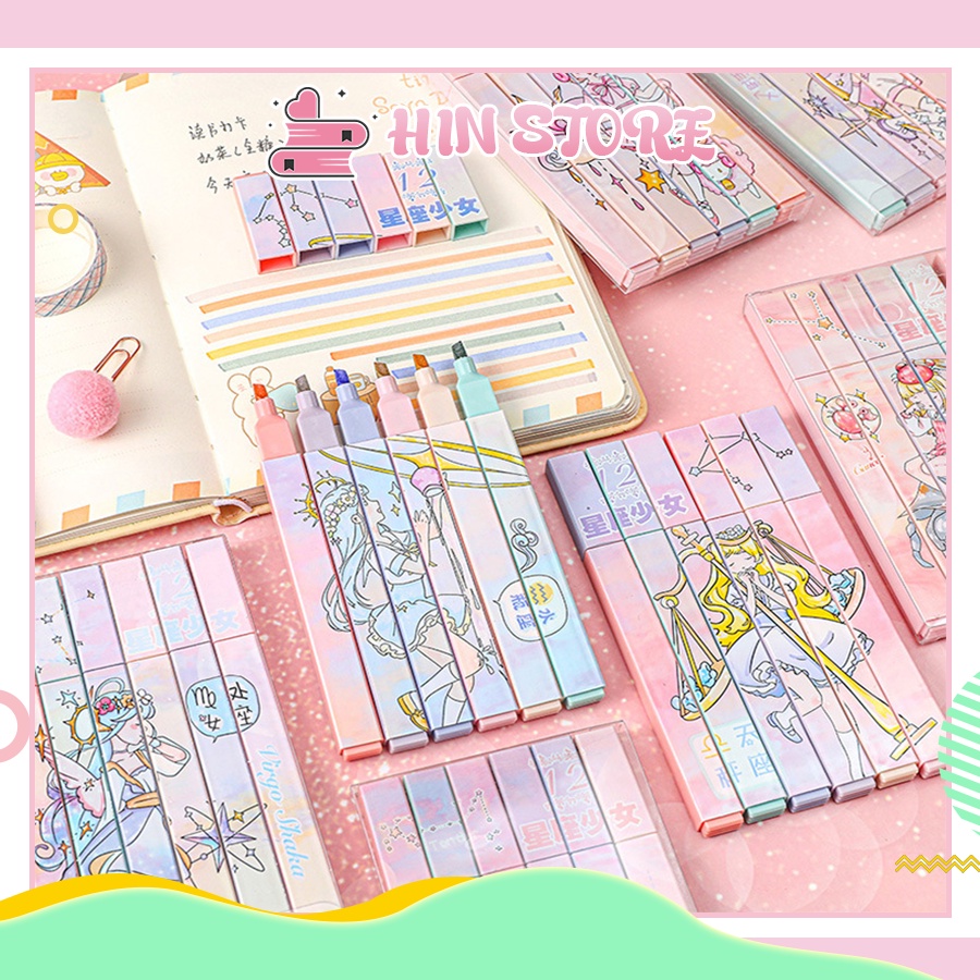 SET 6 Bút Highlight Pastel Dạ Quang Đánh Dấu HIN BH07 Bút Nhớ Hoạt Hình 12 Chòm Sao Cute, Đồ Dùng Học Tập Dễ Thương