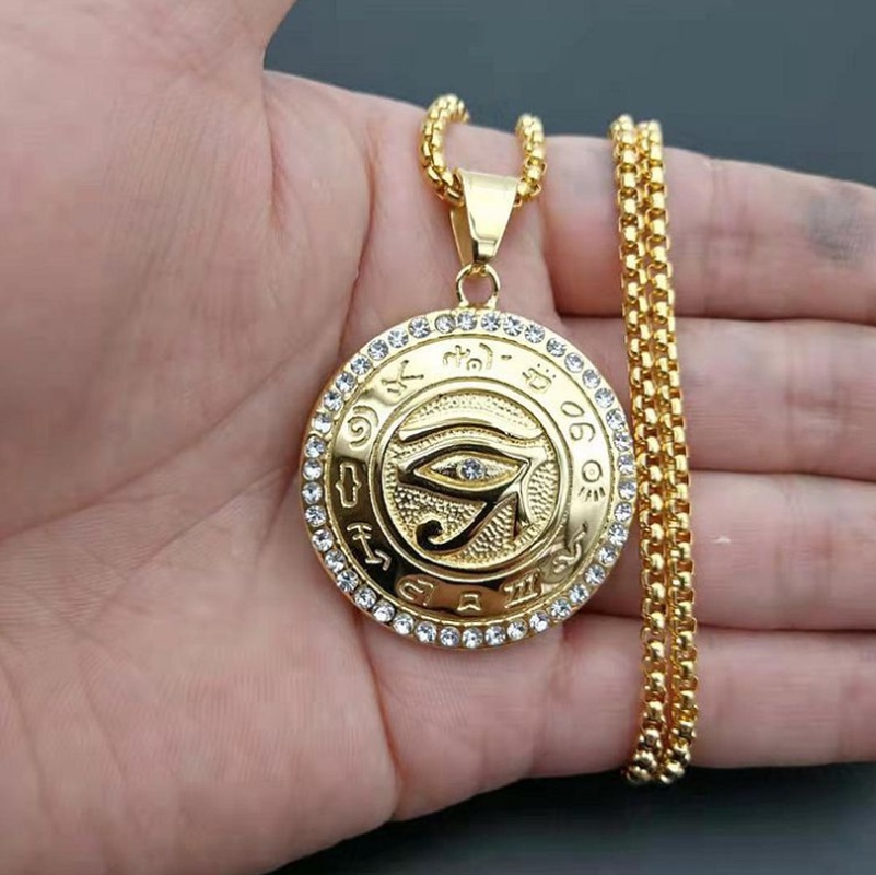 Vòng cổ Mặt Tròn Hình Mắt Quỷ Bằng Thép Không Gỉ Màu Sắc Vàng Đồng Phong Cách Ai Cập Cho Nam Và Nữ