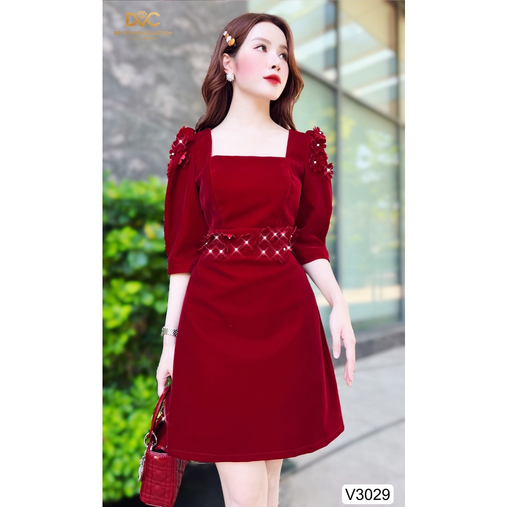 VÁY NHUNG ĐỎ TAY LỠ CỔ VUÔNG ĐÍNH HOA NỔI THIẾT KẾ CAO CẤP V3029-DVC