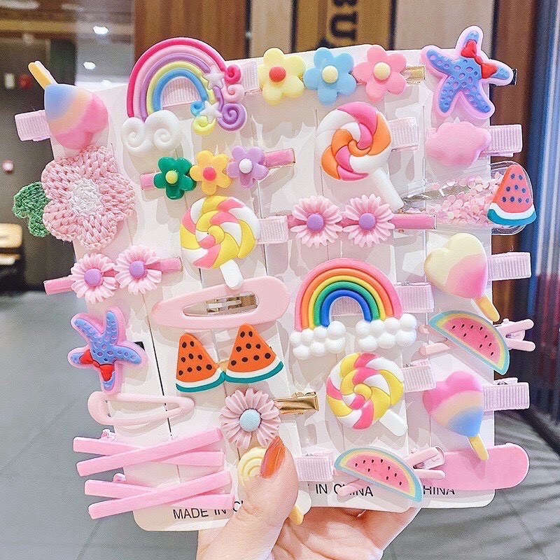Set 14 cái kẹp tóc mái nhiều họa tiết cho bé gái siêu Cute