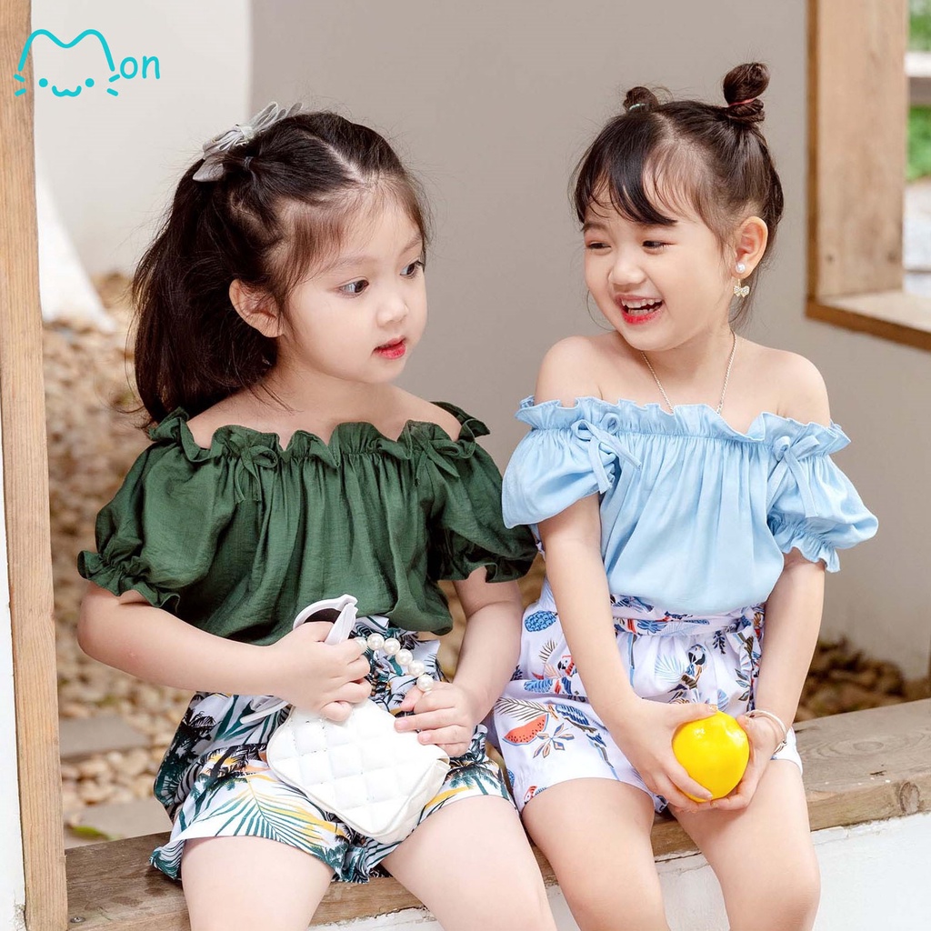 Áo cộc tay cho bé gái kiểu trễ vai chất đũi tằm MonBabies VL30A - Đồ đi biển mùa hè