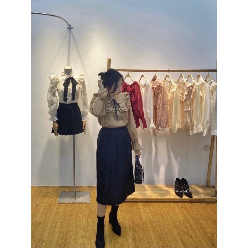 Sơ Mi Tơ Lụa kiểu mềm mịn cổ vuông viền ren xếp nơ đen bản nhỏ mẫu hot nhất năm 2021 tay dài chun bo cổ tay chất đẹp