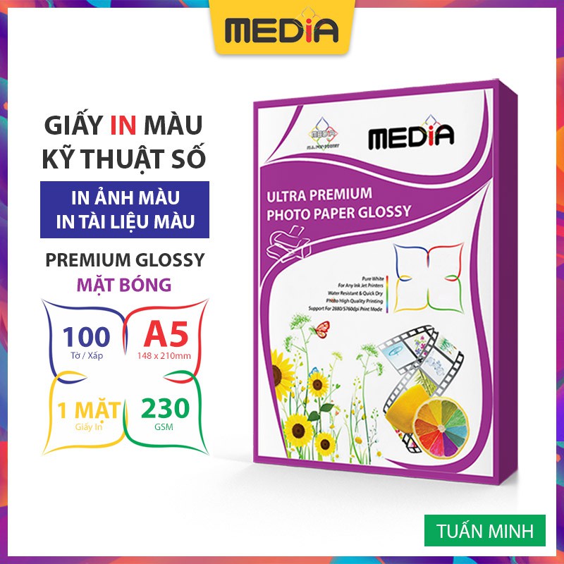 Giấy In Ảnh Media 1 Mặt Bóng A5 230gsm 100 Tờ