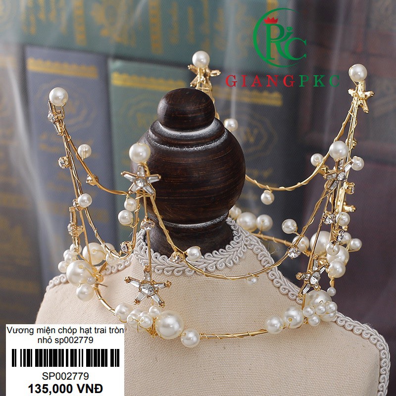Vương miện cô dâu chóp hạt trai tròn nhỏ kèm bông tai