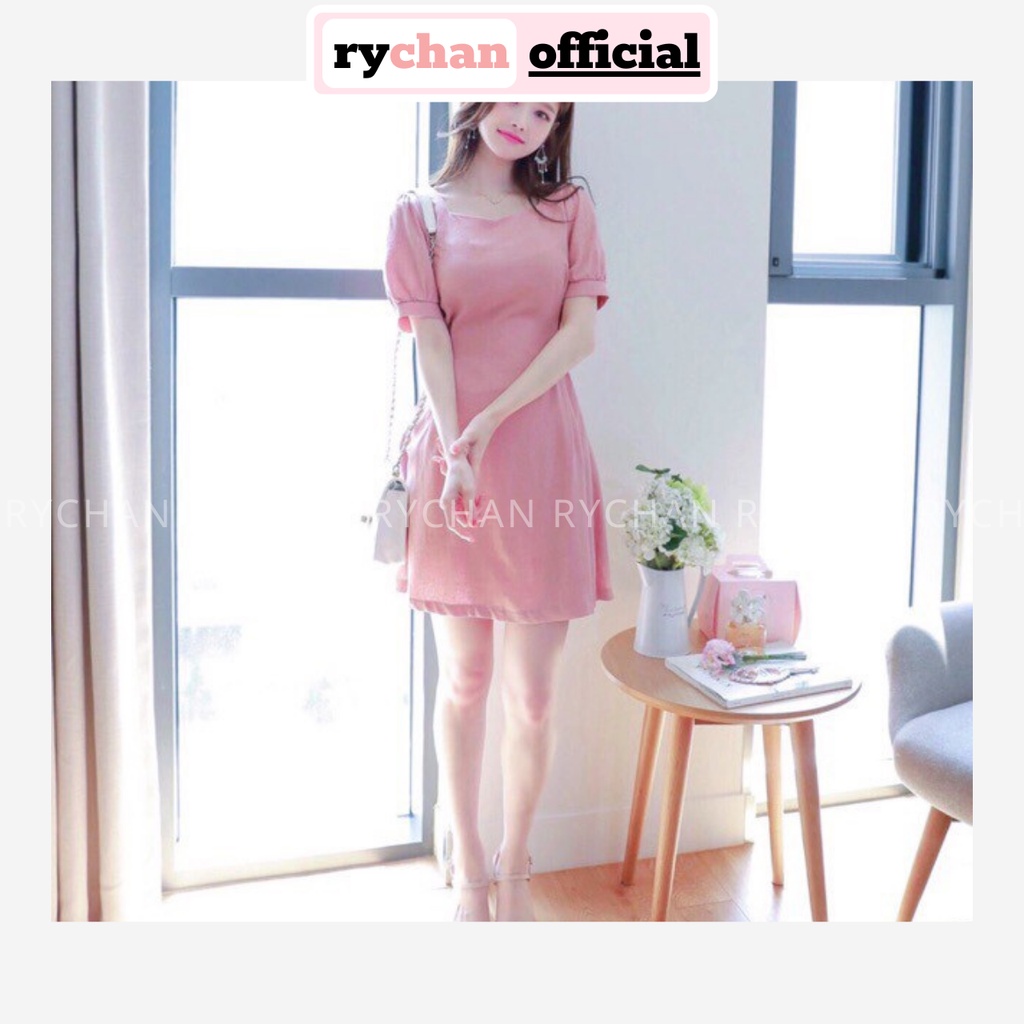 DX155 - Đầm Xòe Hồng Cột Eo Tay Phồng