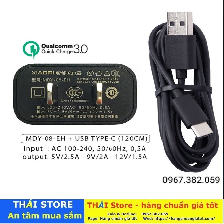 Bộ sạc nhanh XIAOMI Chính hãng, công suất 18W - MDY-08-EH, Quick Charge 3.0, cáp chân USB to Type C