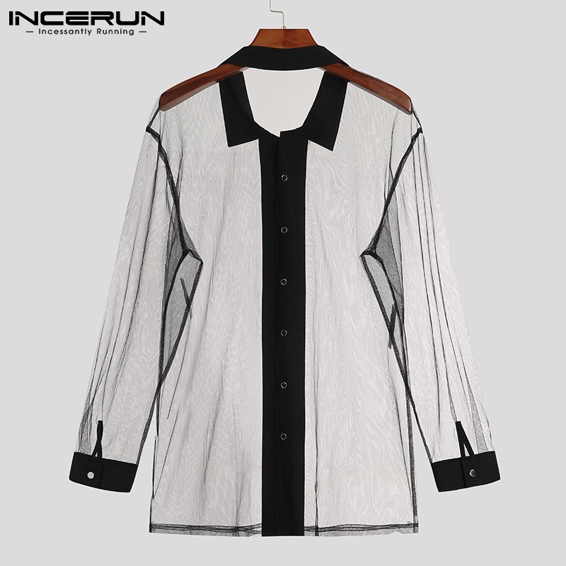 Áo sơ mi nam INCERUN chất liệu lưới xuyên thấu tay dài cổ bẻ thời trang