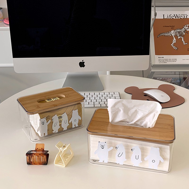 Hộp Đựng Khăn Giấy Hình Gấu Bắc Cực Trong Suốt Có Nắp Gỗ
