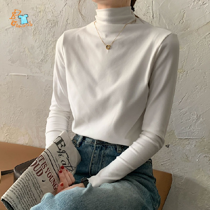 Áo Thun Nữ Cổ Cao Màu Trơn Phong Cách Hàn Quốc