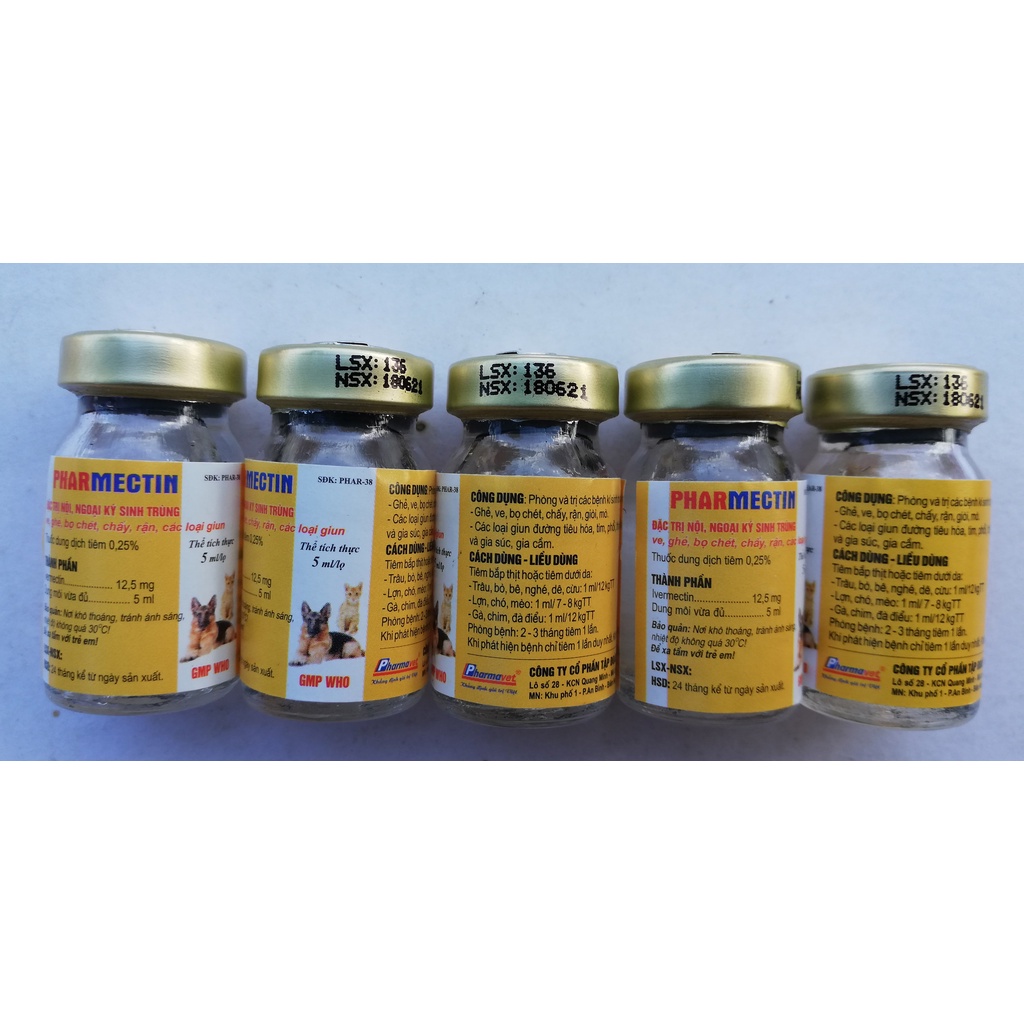 1 lọ PHARMECTIN 5 ml Dùng cho Ve, ghẻ, bọ chét, chấy, rận, nội ngoại ký sinh trùng, côn trùng