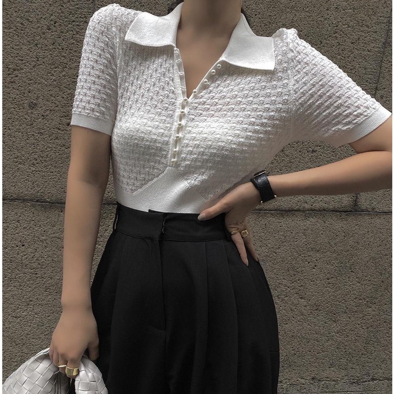Áo polo dệt kim ZHELIHANGFEI tay ngắn thêu họa tiết đính ngọc trai phong cách thời trang cao cấp cho nữ