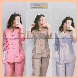 Đồ phật tử Cổ tàu thêu sen vải Kate loại 1, Đồ lam đi chùa thoáng mát, thấm hút mồ hôi.