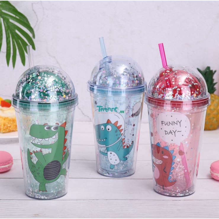 Ly Giữ Nhiệt 2 Lớp Khủng Long Kim Tuyến 500ml Có Ống Hút Hot Trending 2022