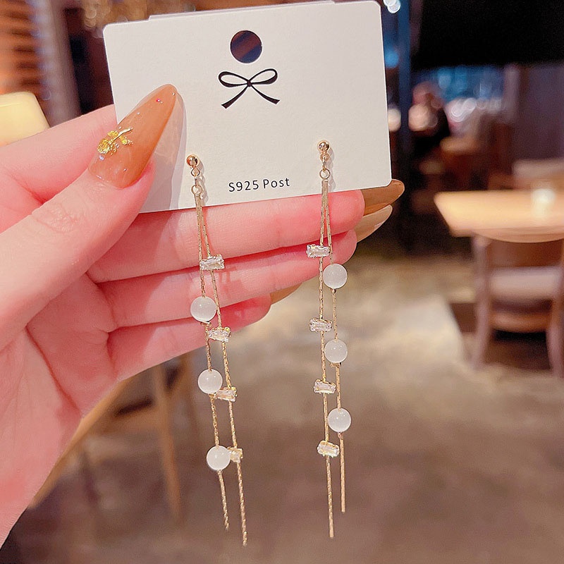 Khuyên Tai Bạc 925 Dáng Dài Đính Đá Opal Siêu Dễ Thương Cho Nữ
