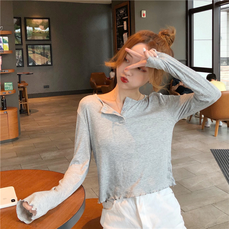 KOREAN STYLE Áo Thun Nữ Tay Dài Màu Trơn Co Dãn Phong Cách Hàn Quốc