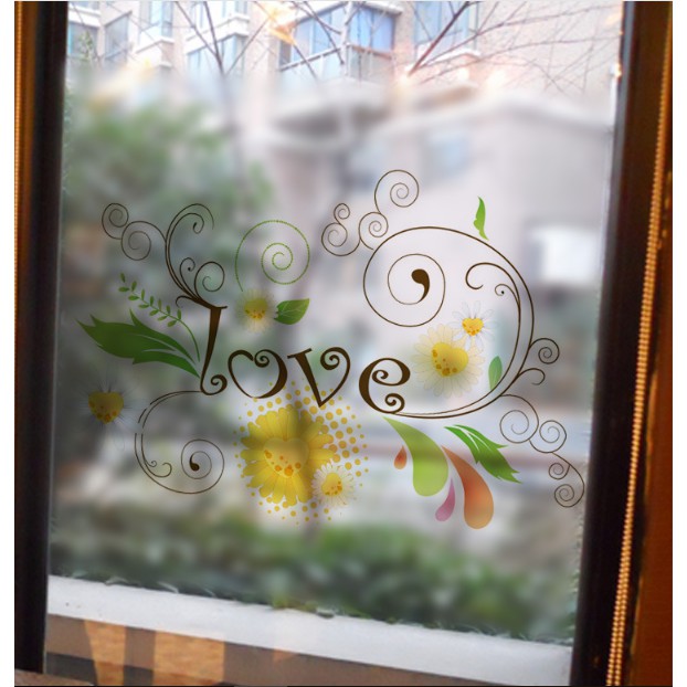 Decal dán kính cao cấp - Chữ LOVE hoa văn ( 60x58cm )