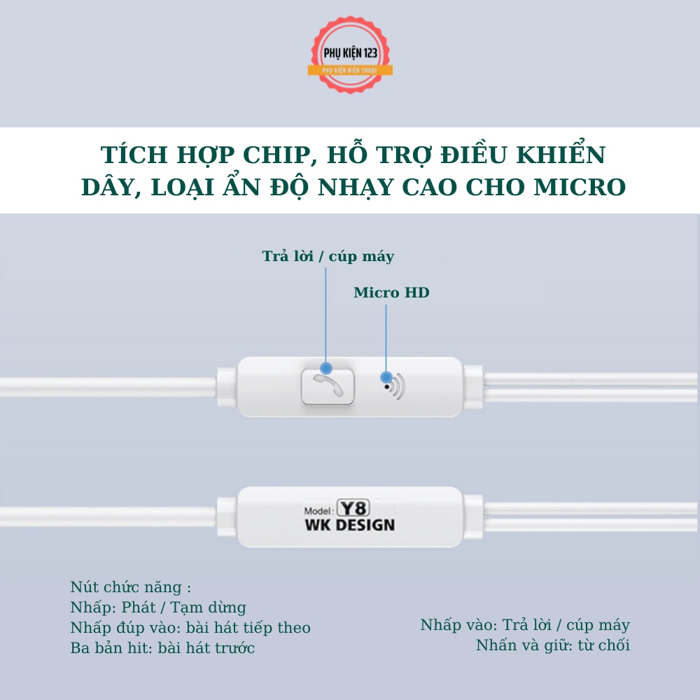Tai nghe có dây Wekome Y8 tích hợp đàm thoại, nghe nhạc, chơi game