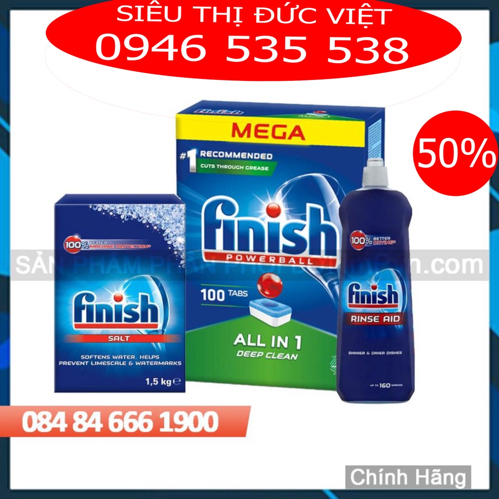 Combo rửa bát Finish Hộp All in one (100 viên hoặc 90 viên), Muối 1.5kg, Nước làm bóng 800ml
