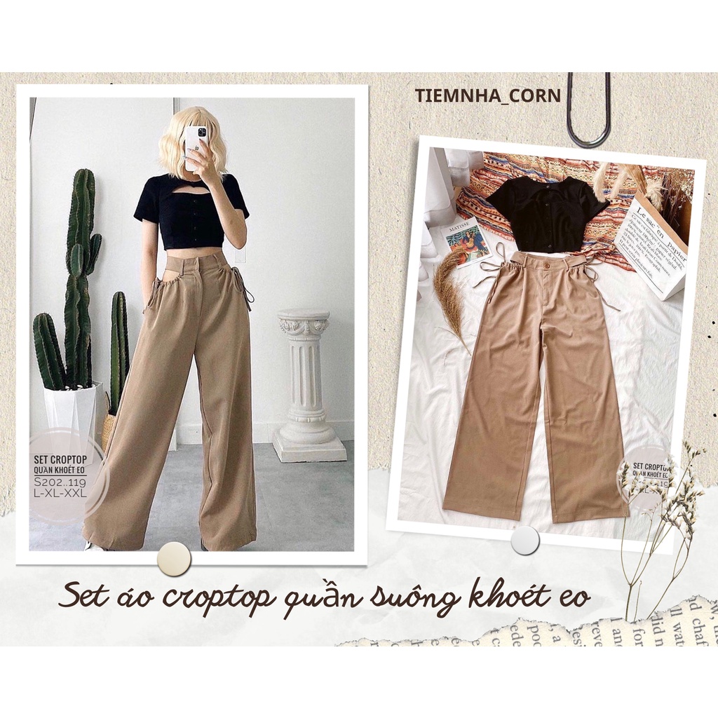 Set bigsize áo croptop xẻ ngực mix quần suông khoét eo 65-100kg