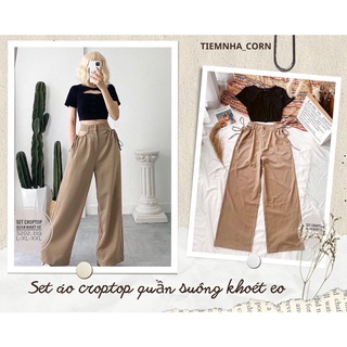 Set bigsize áo croptop xẻ ngực mix quần suông khoét eo 65-100kg
