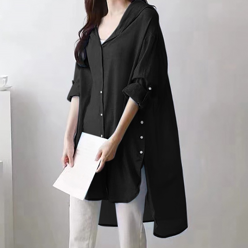 ZANZEA Áo Kiểu Dài Tay Có Mũ Trùm Đầu Phối Nút Xẻ Tà Thời Trang Cho Nữ