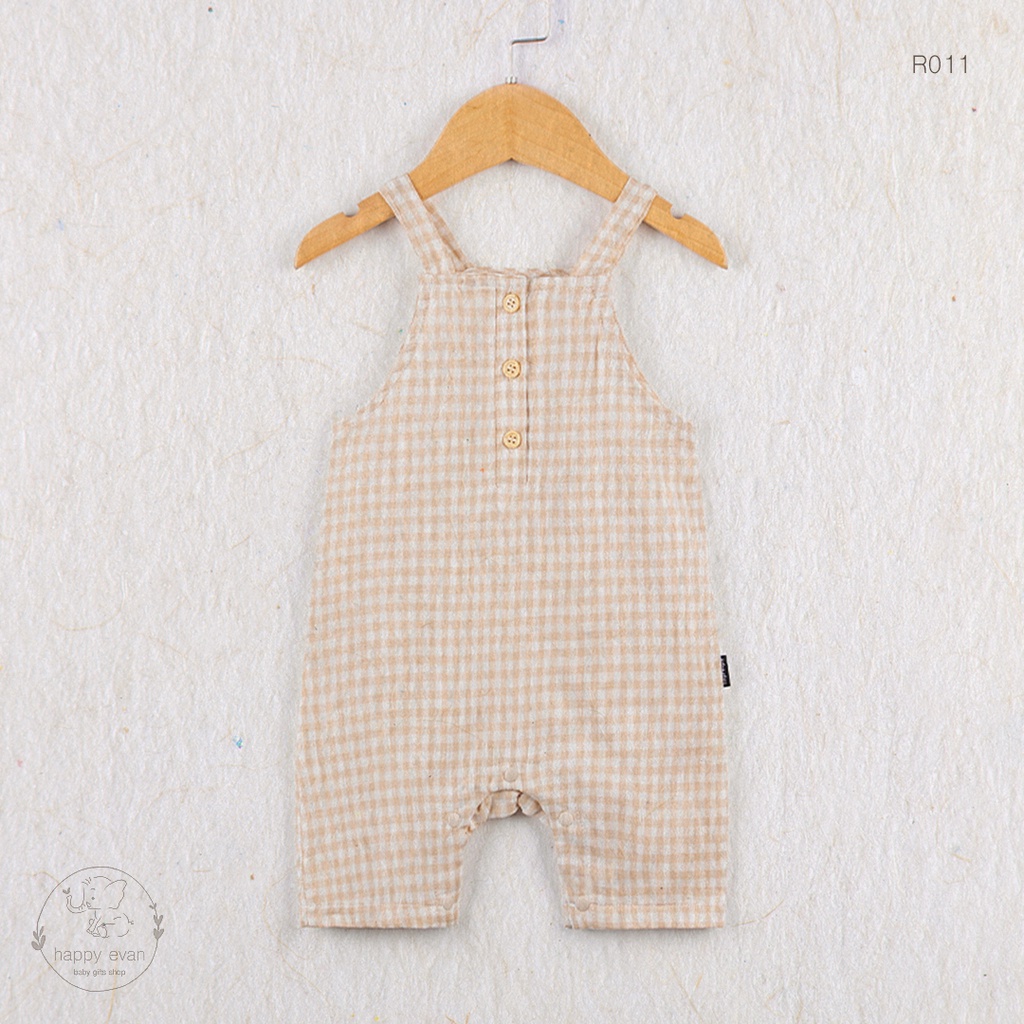 [Freeship] [Auth Tiny People] Romper body đùi 2 dây sọc caro nâu, chất vải xô gạc mềm mại, hàng cao cấp thoáng mát.