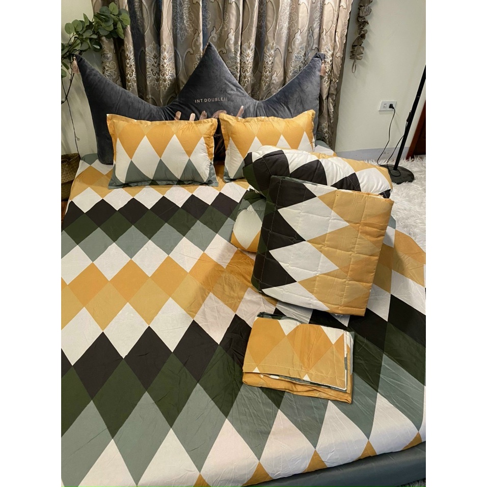 Sét chăn ga gối 5 món kèm gối ôm , chăn trần hè chất liệu cotton poly không xổ lông thoáng mát