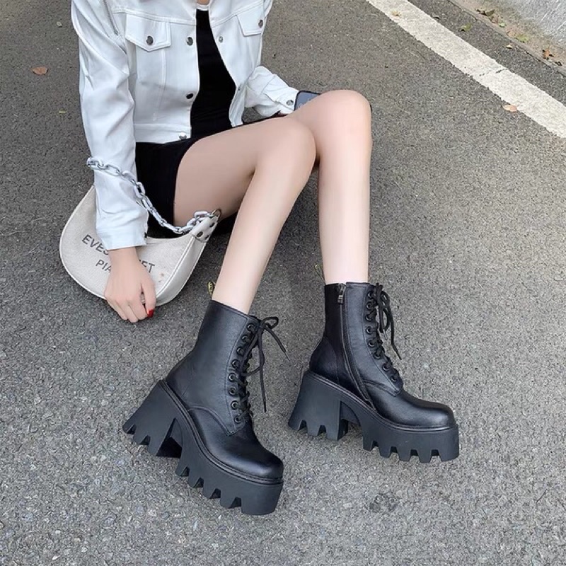 Giày da cao cổ, boots để thô platform đế bánh mì siêu khủng có khóa kéo
