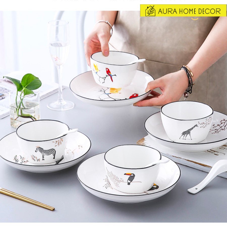 Bộ bát đĩa, chén 14 món họa tiết hình thú dễ thương