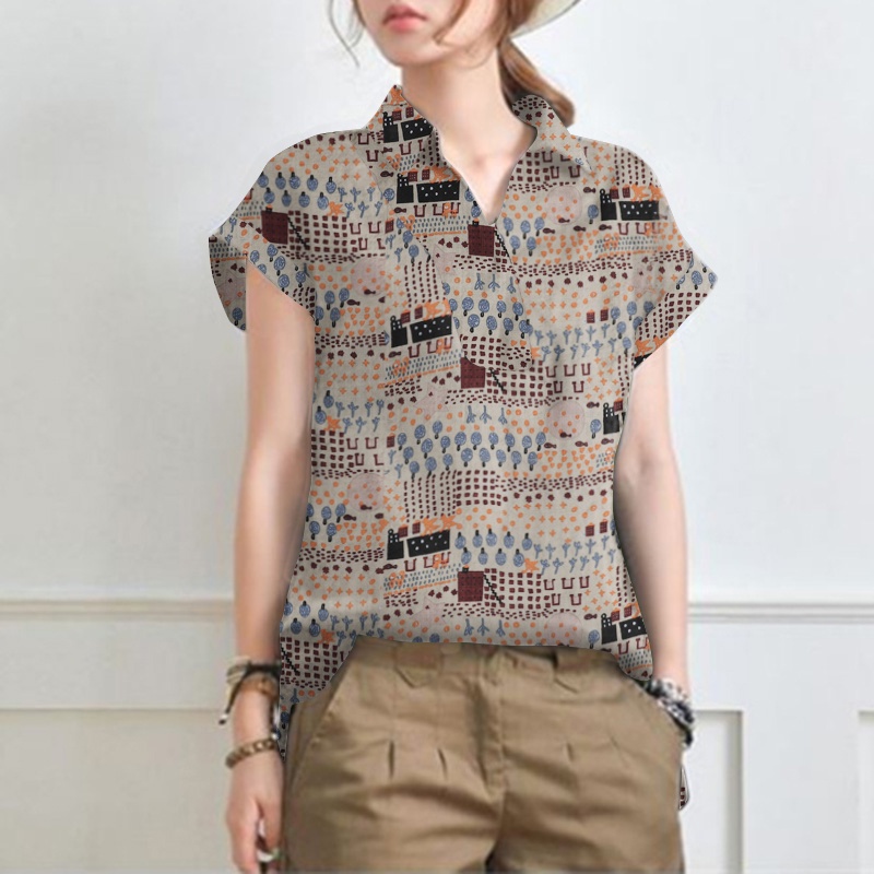 Áo sơ mi ZANZEA tay ngắn in họa tiết vintage thời trang dành cho nữ