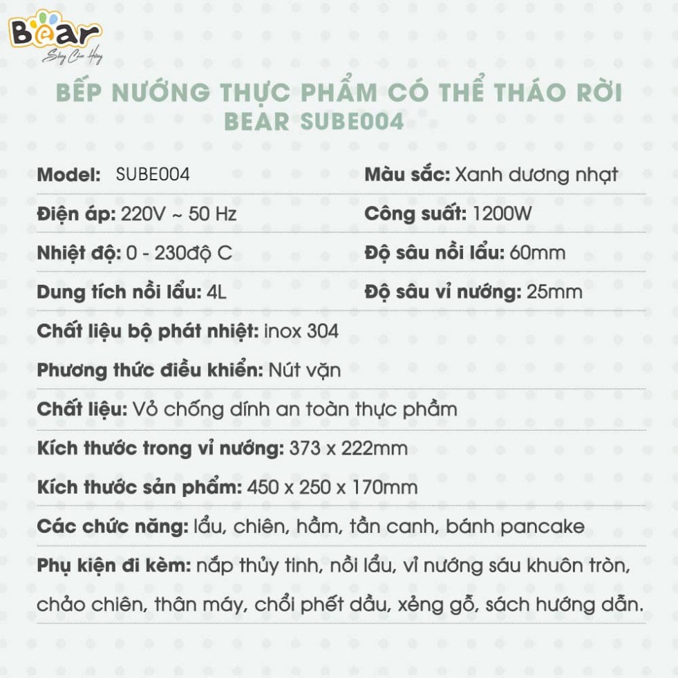 [Mã 55ELSALE1 giảm 7% đơn 300K] Nồi lẩu nướng 3 khay Bear SUBE004 - Bản Quốc Tế Tiếng Anh - Hàng chính hãng