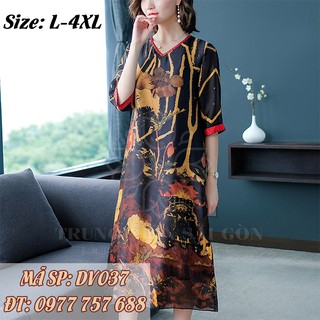 Đầm suông Thu mẫu đơn trung niên sang trọng giấu bụng size lớn 4xl u50 u60 DV037