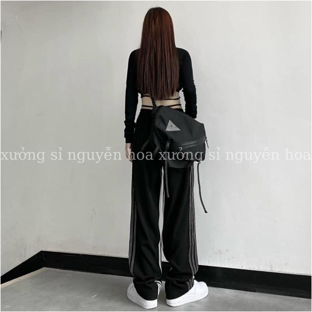 Quần cul ống rộng sọc trắng phối chỉ nổi phong cách unisex nam nữ mặc được màu đen dễ phối đồ Xưởng Sỉ Nguyễn Hoa