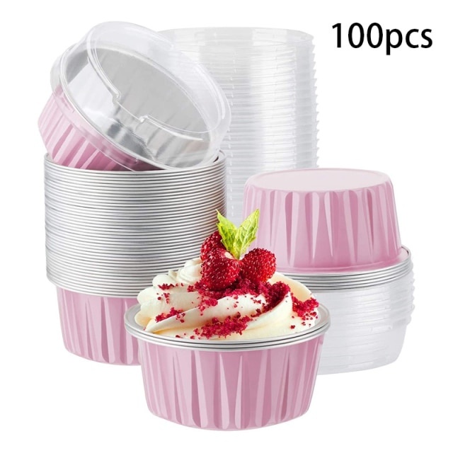 Set 100 Cốc Lá Nhôm 125Ml Có Nắp Dùng Một Lần Để Làm Bánh Muffin
